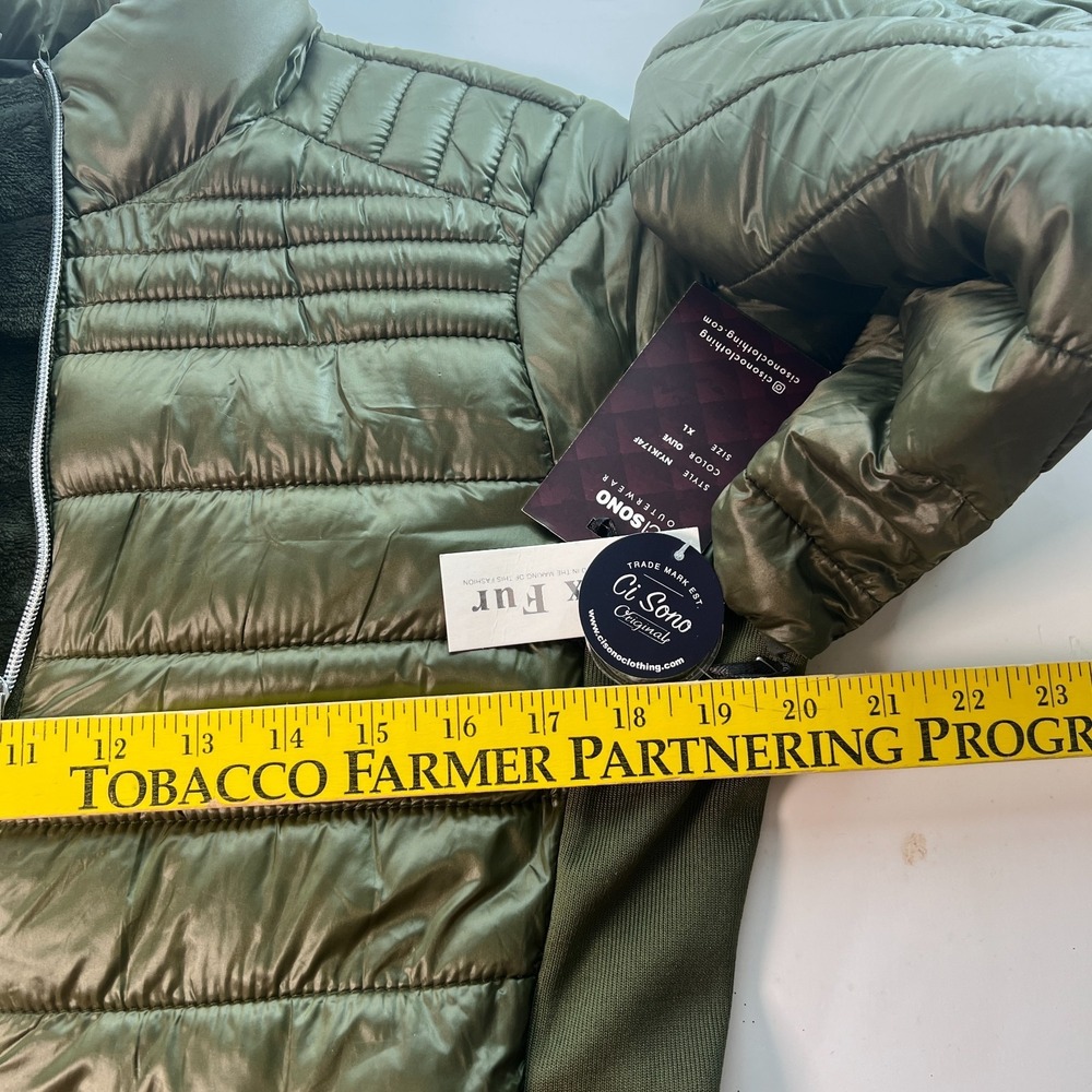 Ci Sono Women Puffer Jacket Sz XL Green Outerwear with Faux Fur & Side Knit NWT - Picture 8 of 16
